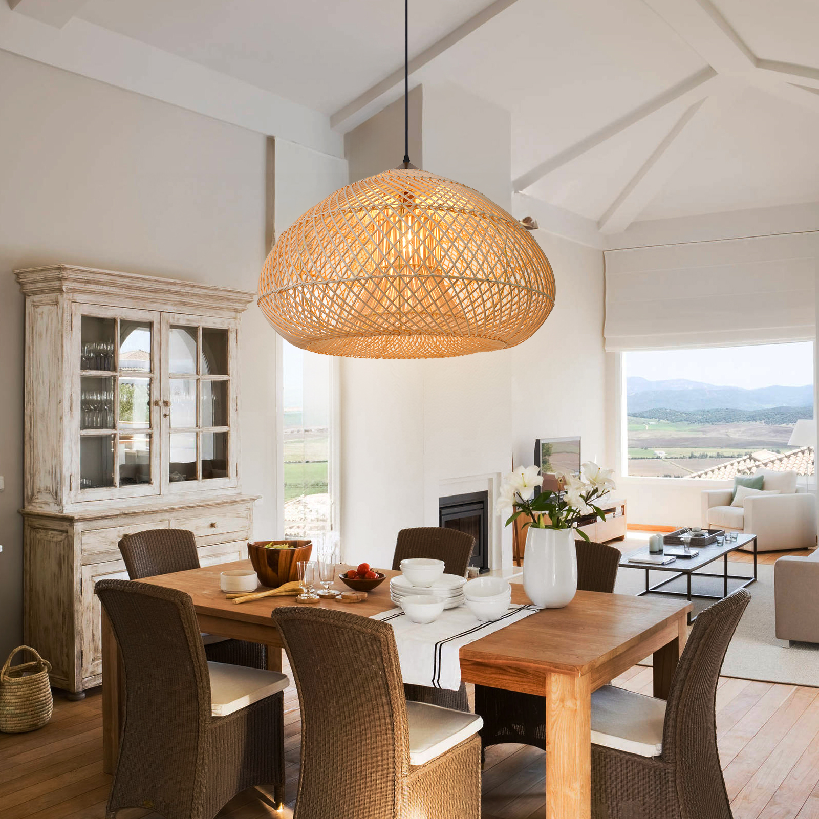 Arturesthome Rattan Pendant Light Rattan Chandelier Hand-Woven Boho Pendant Light Fixtures with Solid Wood Basket Wicker Chandelier for Dining Room Kitchen Island Living Room