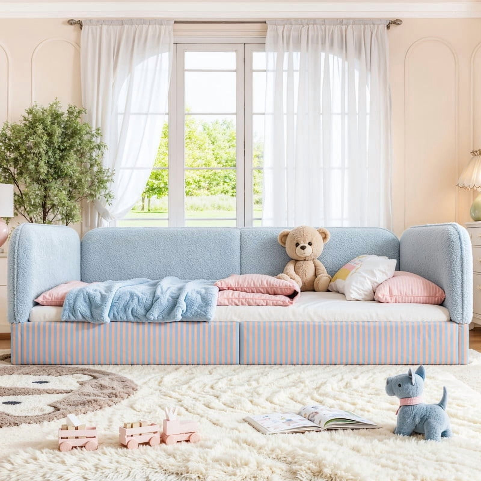 Full Size Upholstered Floor Daybed Frame for Kids, Half-Enclosed Montessori Platform Bed with 3-Sided Surrounding Guardrails