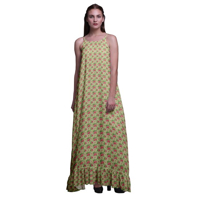 Bimba Beige Verdâtre Floral Feuille de Monstera et Vêtement de Nuit pour Femmes Nuisette Imprimée Robe Maxi à Bretelles Spaghetti Vêtement de Nuit Moyen