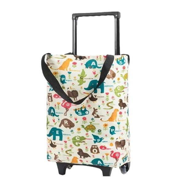 Carrito de compras plegable y portátil, de tela Oxford, con ruedas y asa extensible para viajes, diseño de animales de dibujos animados.