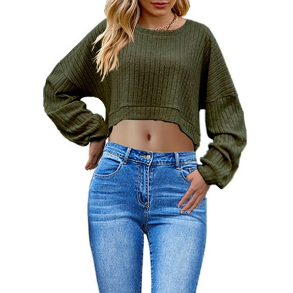 Sevevn Women's Solid Color Short Style Long Sleeved Fashionable Round Neck Top Holiday Gift Finder