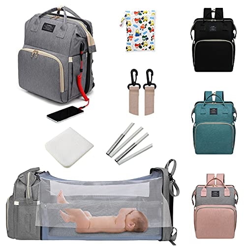 Mochila cambiador bebé, bolso pañales plegable y multipropósito, estación cambio impermeable y multi-función con colchón y puerto carga USB (gris)