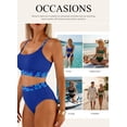 thumbnail image 4 of Eytino High Waisted Textured Bikini Set - Scoop Neck Two Piece Swimsuit with Floral Trim Dark Blue 2XL, 4 of 7