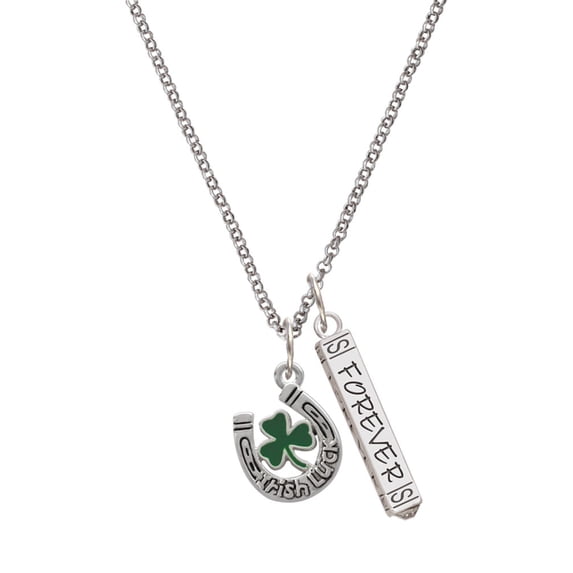 Delight Jewelry Silvertone Irish Luck Horseshoe with Shamrock Silvertone Forever Bar Charm Necklace, 23"