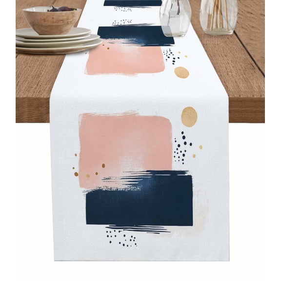Navy Blue Pink Table Runner 36 Inches, Geometric Abstract Art Modern Bed Runner Dresser Scarves Tabletop for Indoor Outdoor Parties/Ceremony/Banquet, 13"x 36"