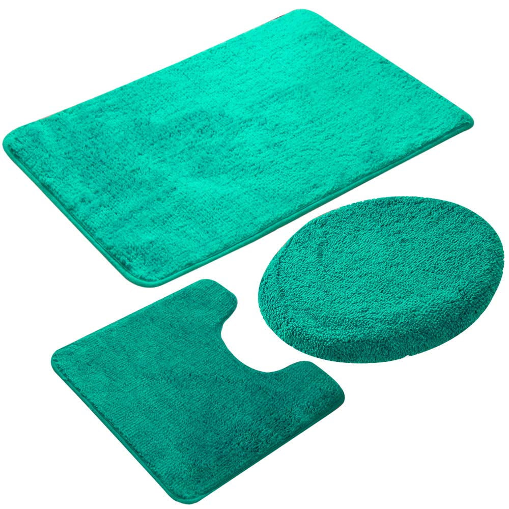 3 Piece Bath Rug Set (Lake Green) NonSlip Solid Pattern Bathroom Rug