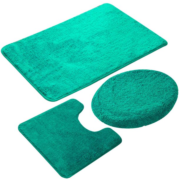 3 Piece Bath Rug Set (Lake Green) NonSlip Solid Pattern Bathroom Rug