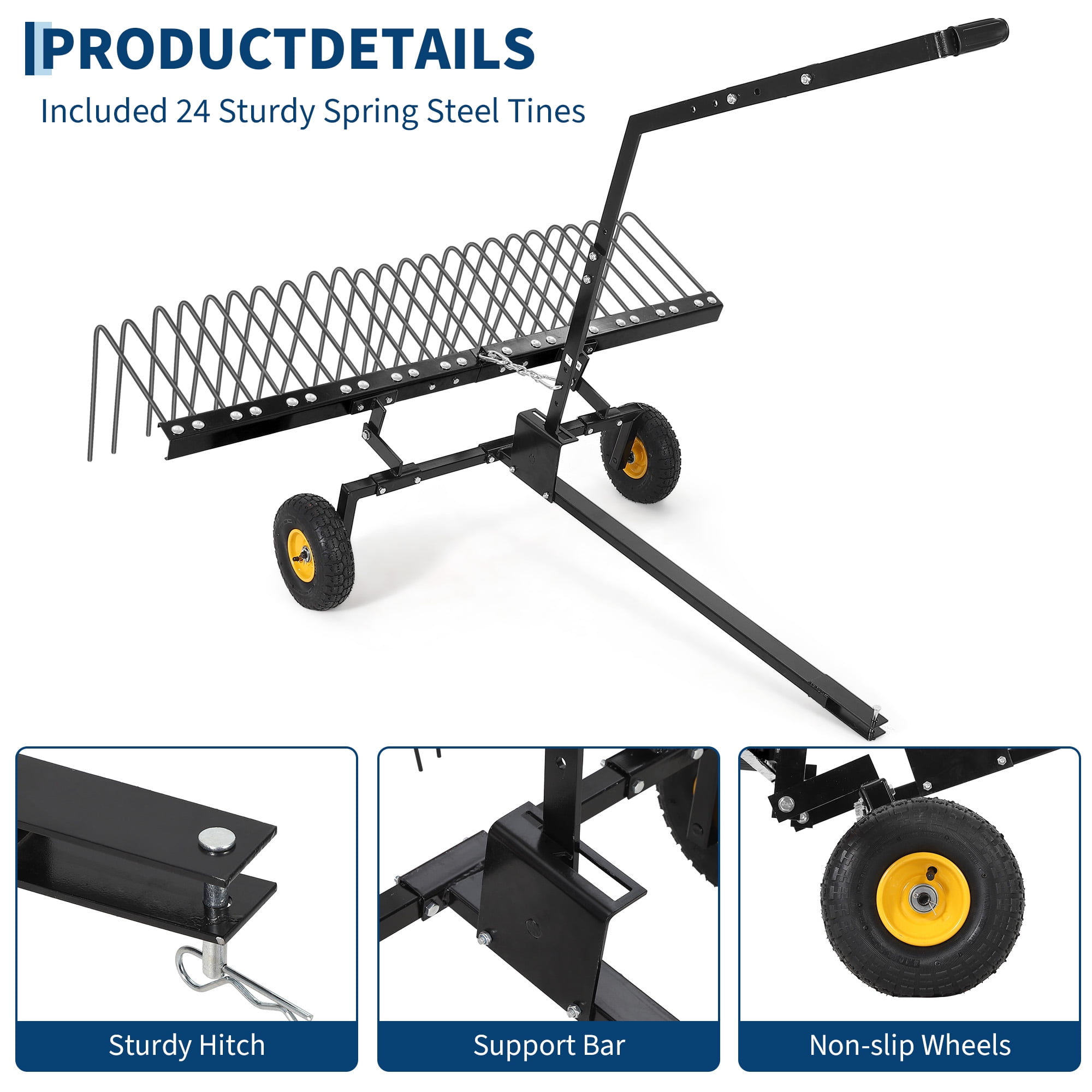 60-inch Tow Behind Dethatcher, 24 Durable Spring Steel Tines Lawn Dethatcher, Garden Grass Tractor Rake Removes Thatch from Large Lawns, Riding Lawn Mower Attachments for Outdoor Yard Tools Lawn Care