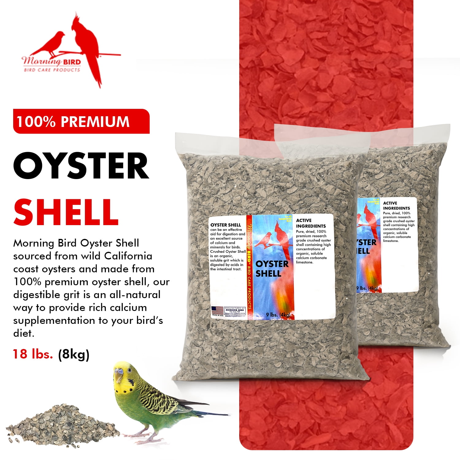 Morning Bird Oyster Shell for Birds 18 lbs (2-Pack, 9 lbs Each) - Natural Calcium Supplement – Sustainably Harvested From California Coast - Safe Year-Round Bird Food Additive