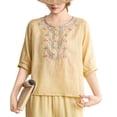 thumbnail image 3 of ClodeEU Women's Floral Embroidered Linen Blend Top,Casual Round Neck 3/4 Sleeve Blouse Yellow,Women's Plus XL, 3 of 6