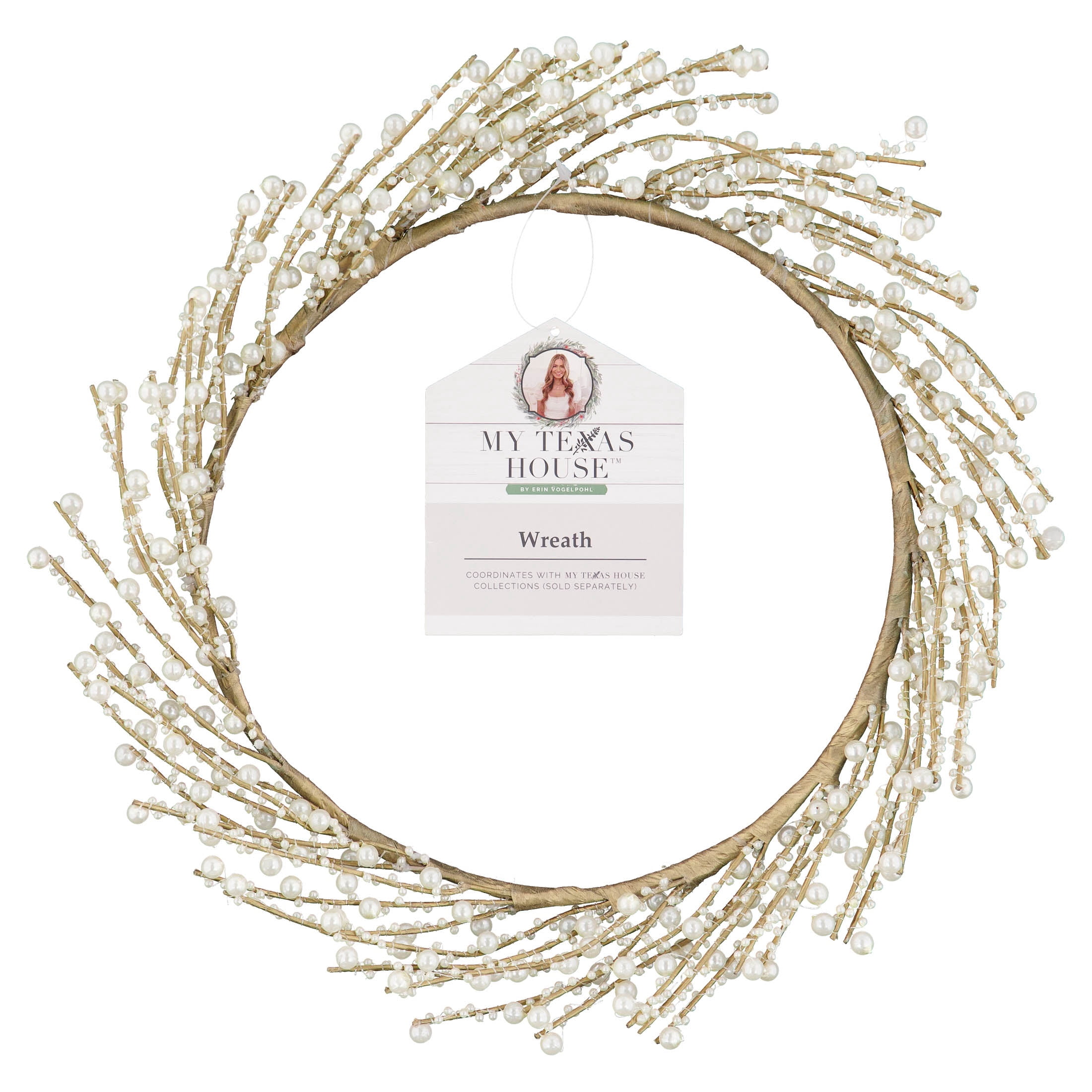 My Texas House Pearl Beaded Christmas Wreath, White and Gold, 12"