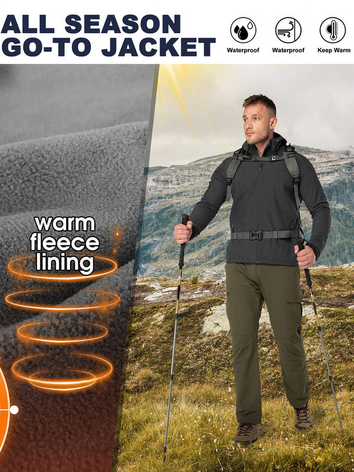 Off Road Ventures Men's Lightweight Softshell Jacket with Hood Waterproof Fleece Lined Windbreaker Outdoor Coat for Hiking