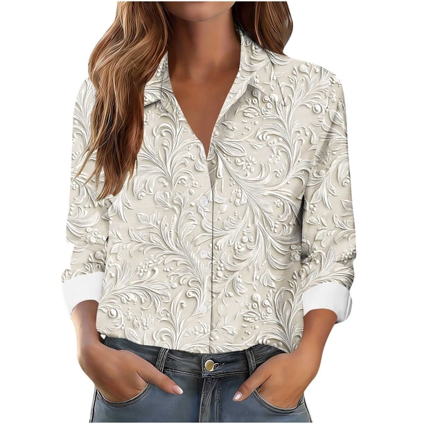 Camisa Impresa Casual de Manga Larga de las Mujeres con Cuello con Botones para el Trabajo Diario de Viajes