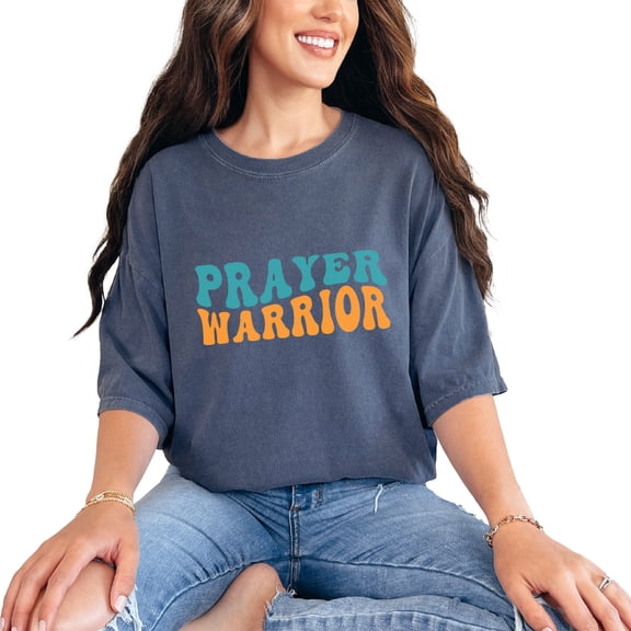 Prayer Warrior, Praying Ministry or Intercessor Themed, Groovy Retro Wavy Text, Denim Comfort Colors T-Shirt, Small