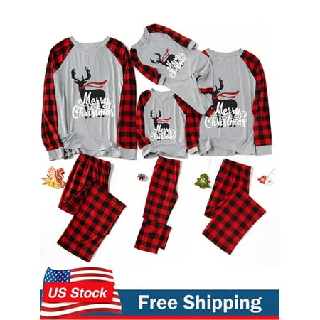 

Sunisery Matching Family Christmas Pajamas Set Letter Reindeer Print Raglan Sleeve Tee Top Plaid Pants Set Sleepwear