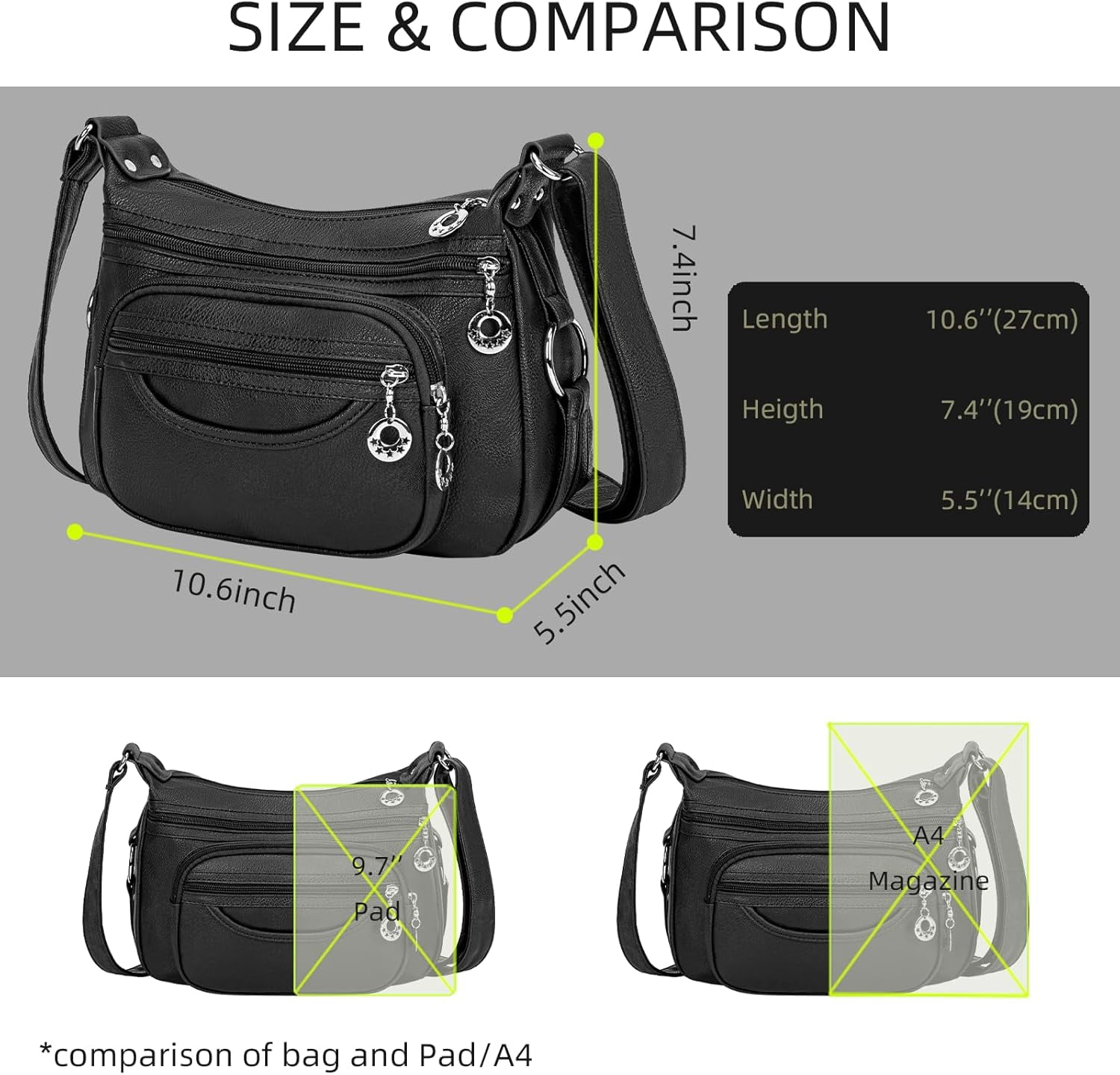 Crossbody Bag for Women Multi Pocket PU Leather Shoulder Handbag Large Capacity Lightweight Purse for Daily Use