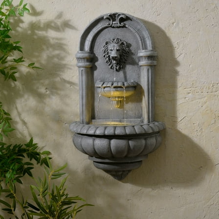 Teamson Home Tiered Lion Outdoor Water Fountain–LED Light with Built-In Electric Pump & Simple Setup, Natural Stone