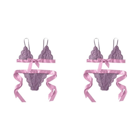 2 Pack Women Bra Underpant Scalloped Trim Tie Side Lace Set Lingerie Bow Animal Print for Women Lingerie Bustier Corset Lingerie Set for Women 5x Lingerie for plus Size Women Romper