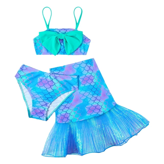Toimothcn Maillot de Bain Fille Sans Manches Décontracté Écailles de Poisson Colorées Imprimé Ensemble Bikini 3 Pcs Séchage Rapide Couverture Maillot de Bain 3-4 Ans