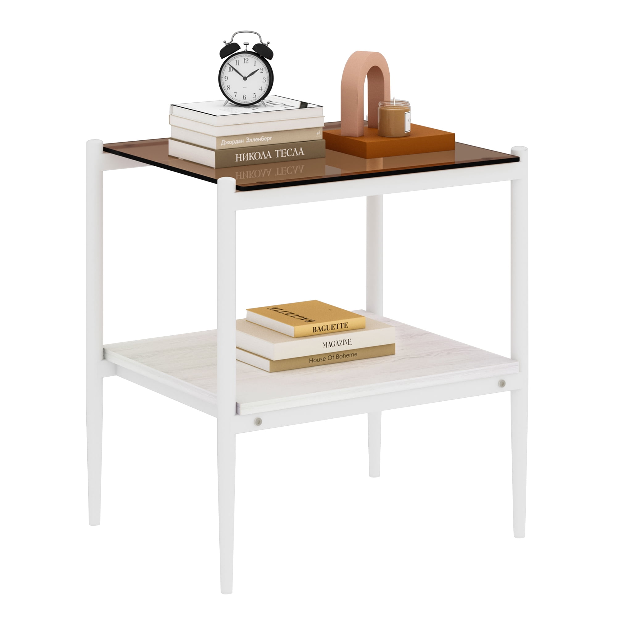 MAYEERTY Set of 2 Rectangle End Tables with Brown Tempered Glass & MDF Layer
