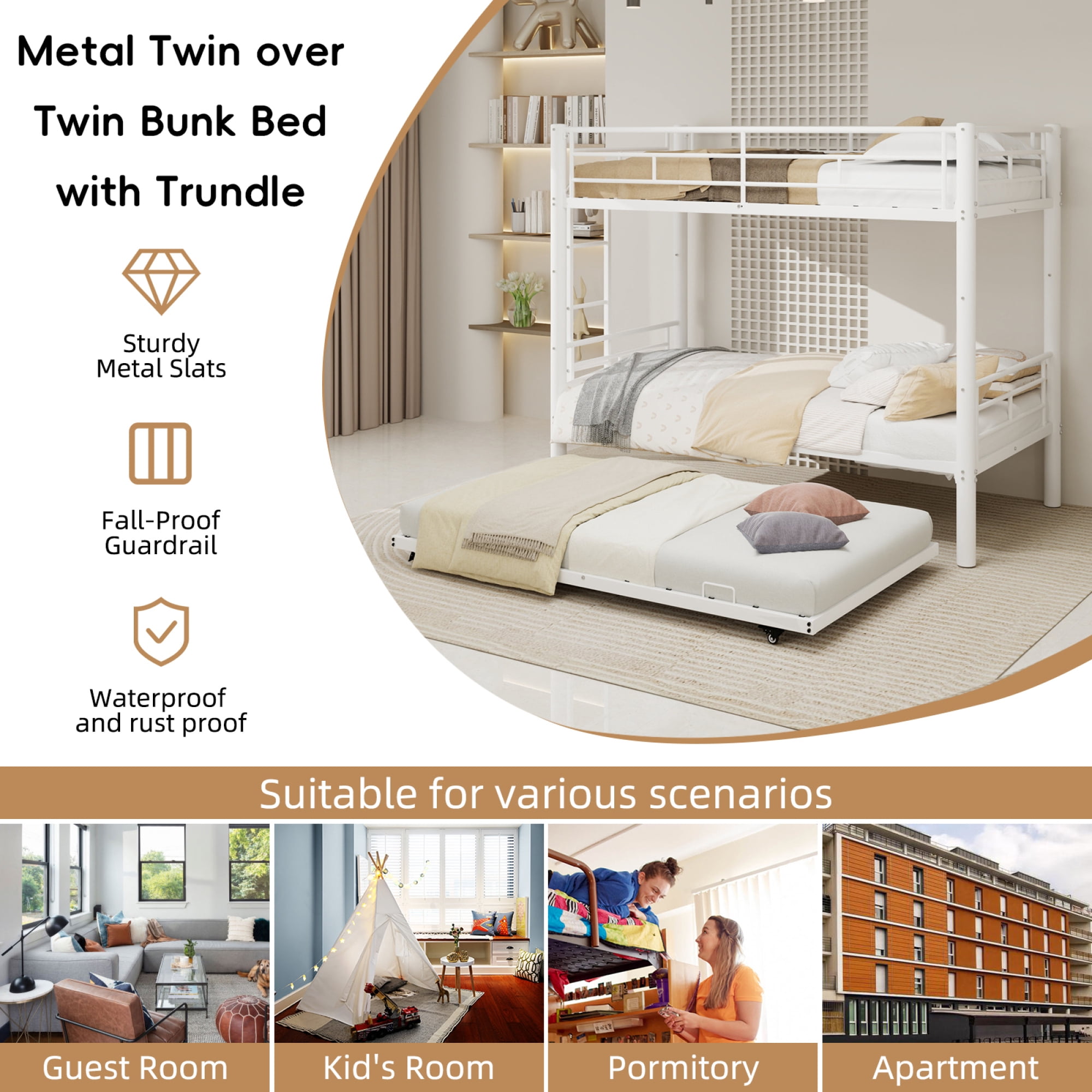 Twin over Twin Size Bunk Bed with Trundle, Heavy Duty Metal Bunk Bedframe with Ladder and Guardrails, Detachable Bunk Beds for Boys Girls