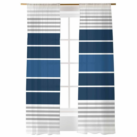 Sheer Curtains 96 inches Long, Minimalist Lake Blue Gradient Gray Stripe Light Filtering Sheer Window Curtains Rod Pocket Voile Drapes for Bedroom Living Room, 52"W x 96"L 2 Panels