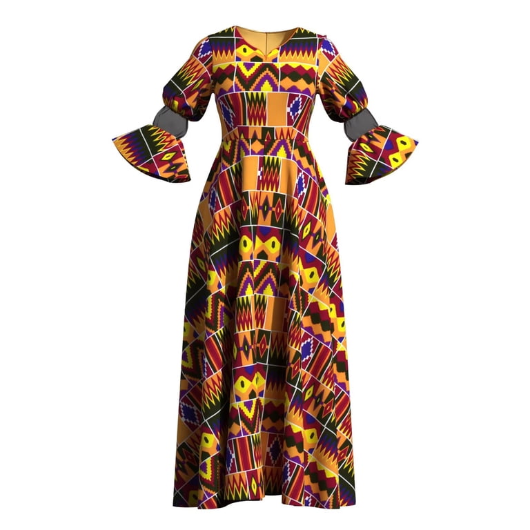 ladies dashiki dress Bintarealwax African Dresses for Women Traditional Kente Clothes Long Sleeves Dashiki Dress for Church Party, Women's, Size: XL