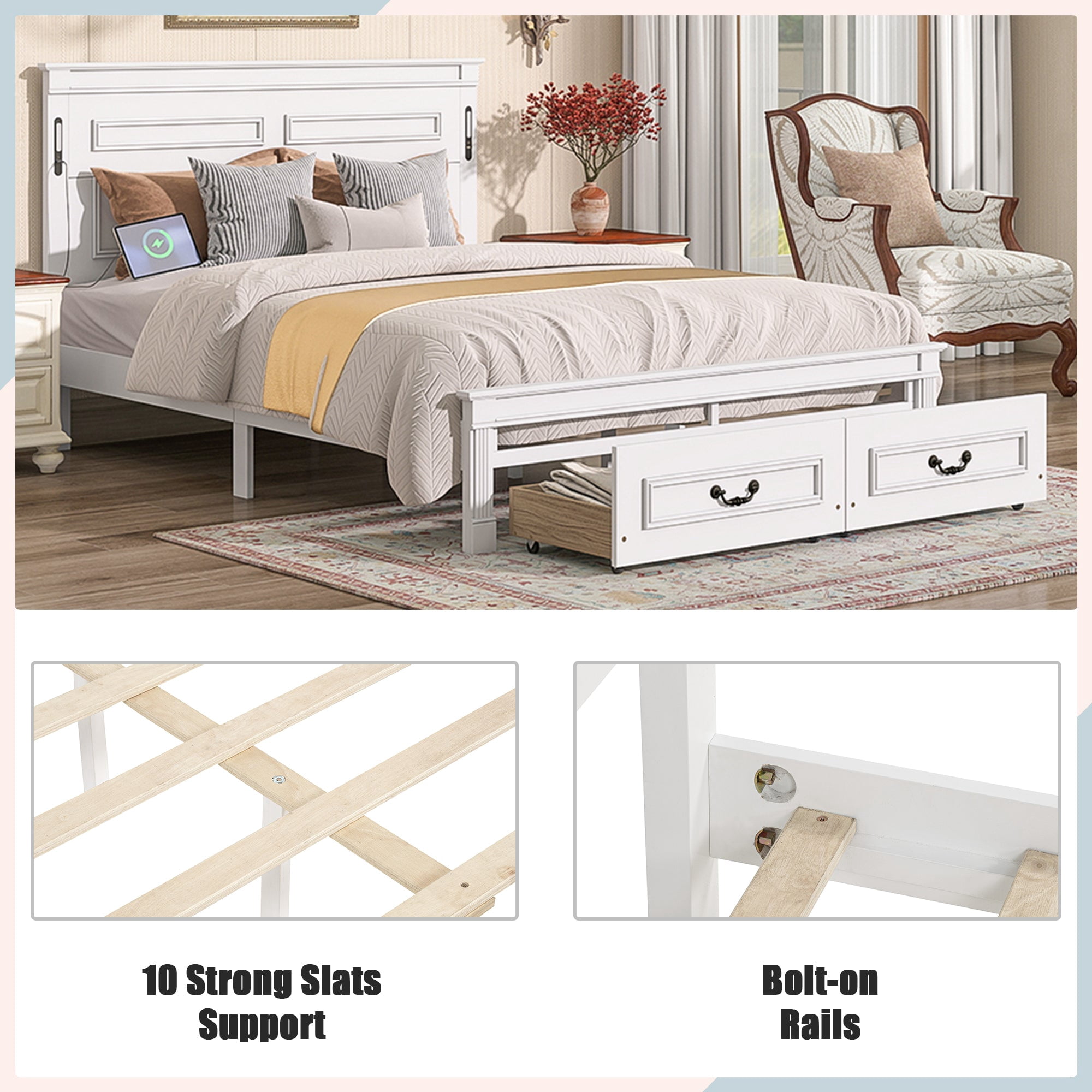 Sailvan Bed with 2 Storage Drawers, Built-in LED Lights, USB Charging Station