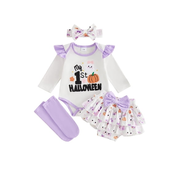 RUINIXCW Baby Girls Thanksgiving Outfit Fashion Long Sleeve Pumpkin Embroidery Romper with Skort, Headband, Stockings 4Pcs Set