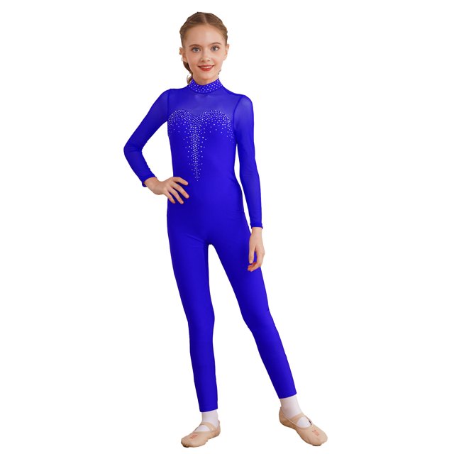 CHICTRY Kids Girls Unitard Jumpsuit Shiny Rhinestone Long Sleeve Full Bodysuits Gymnastics Dance Performance Costume Royal Blue 8