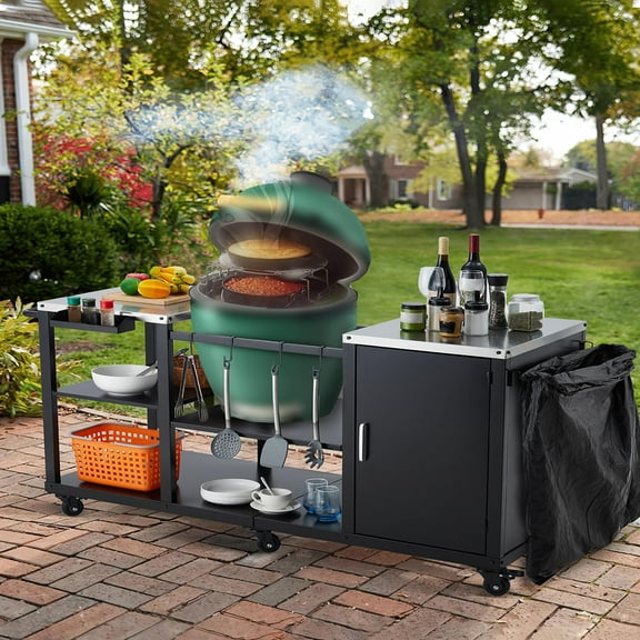 Soonbuy Grill Table for Big Green Egg Style BBQ, Heavy Duty Metal Outdoor Grill Station Prep Table with Storage,Metal Grill Cart with Stainless Steel Top, Storage Cabinet, Outdoor Kitchen Island