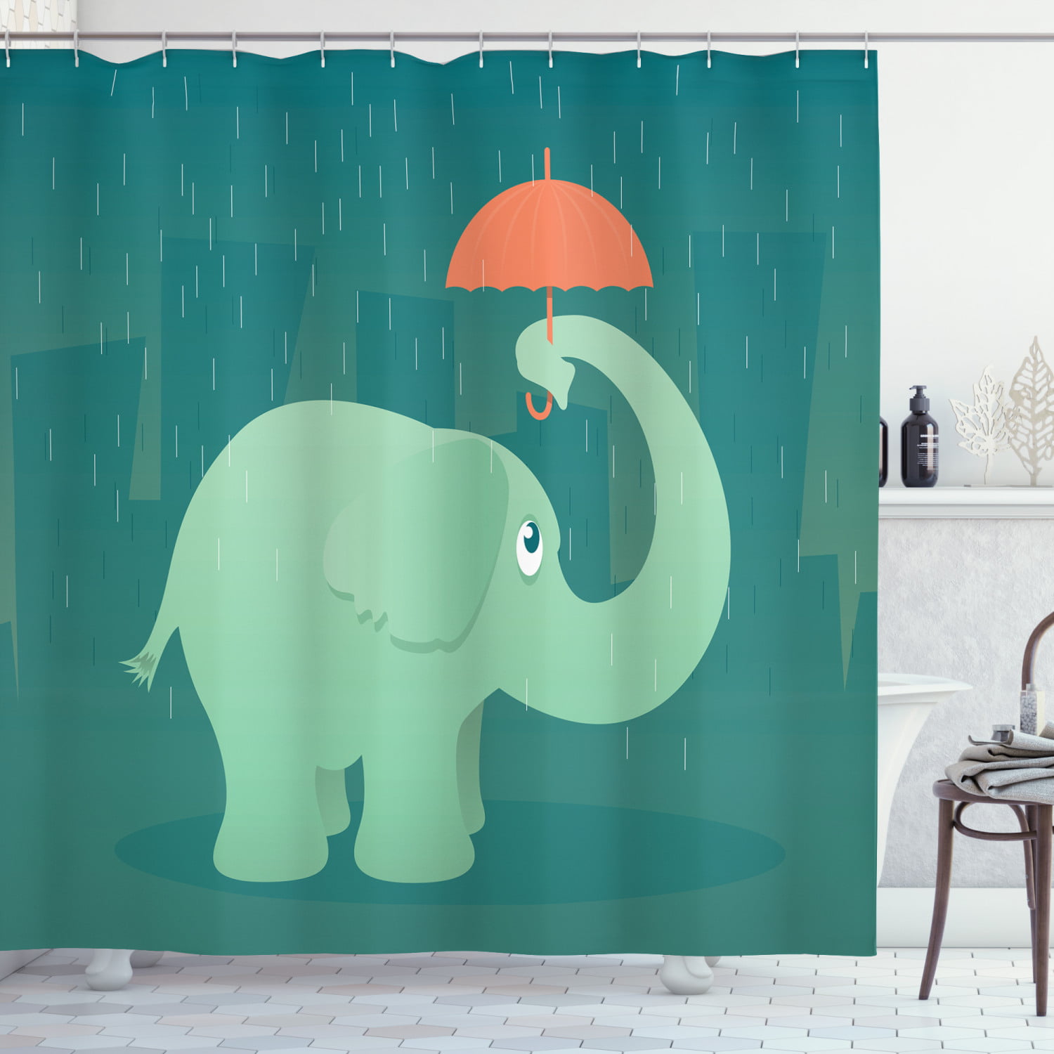 Funny Animal Elephant And 3D Window Bathroom Fabric Shower Curtain Set 71Inch 