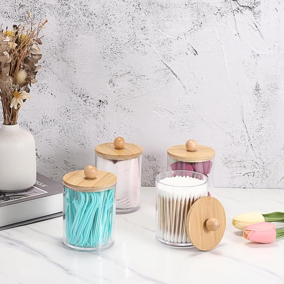 2PCS Qtip Holder, Clear Plastic Apothecary Jar Containers for Vanity Makeup Organizer Storage - Bathroom Accessories Set for Cotton Swab, Ball, Pads, Floss