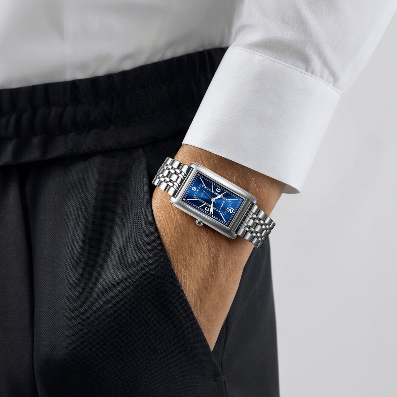 BERNY Rectangular Silver Watch for Men, Fashion Waterproof Analog Quartz Wristwatch, Stainless Steel, Luminous, Arabic Numeral, Business Dress Men's Watches (Blue)