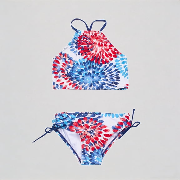 REDARER Girl's 2-Piece Bikini Set: Floral Print, Halter Top & Drawstring Bottom – Summer Beach Bathing Swimwear,3-4 Years