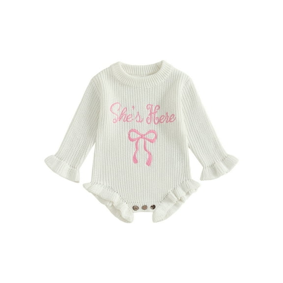 Spewahor Newborn Baby Girls Knit Fall Romper, Long Sleeve Crew Neck Embroidery Bow Letters Bodysuit Sweater for Casual Daily