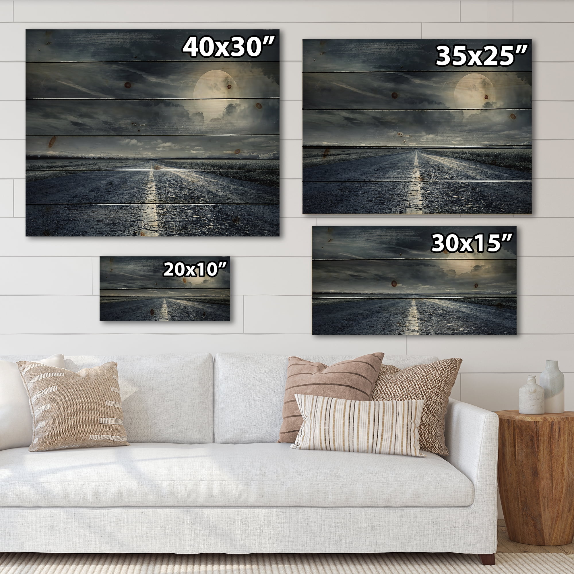Designart 'Cloudy Full Moon Over Asphalt Road II' Nautical & Coastal Print on Natural Pine Wood