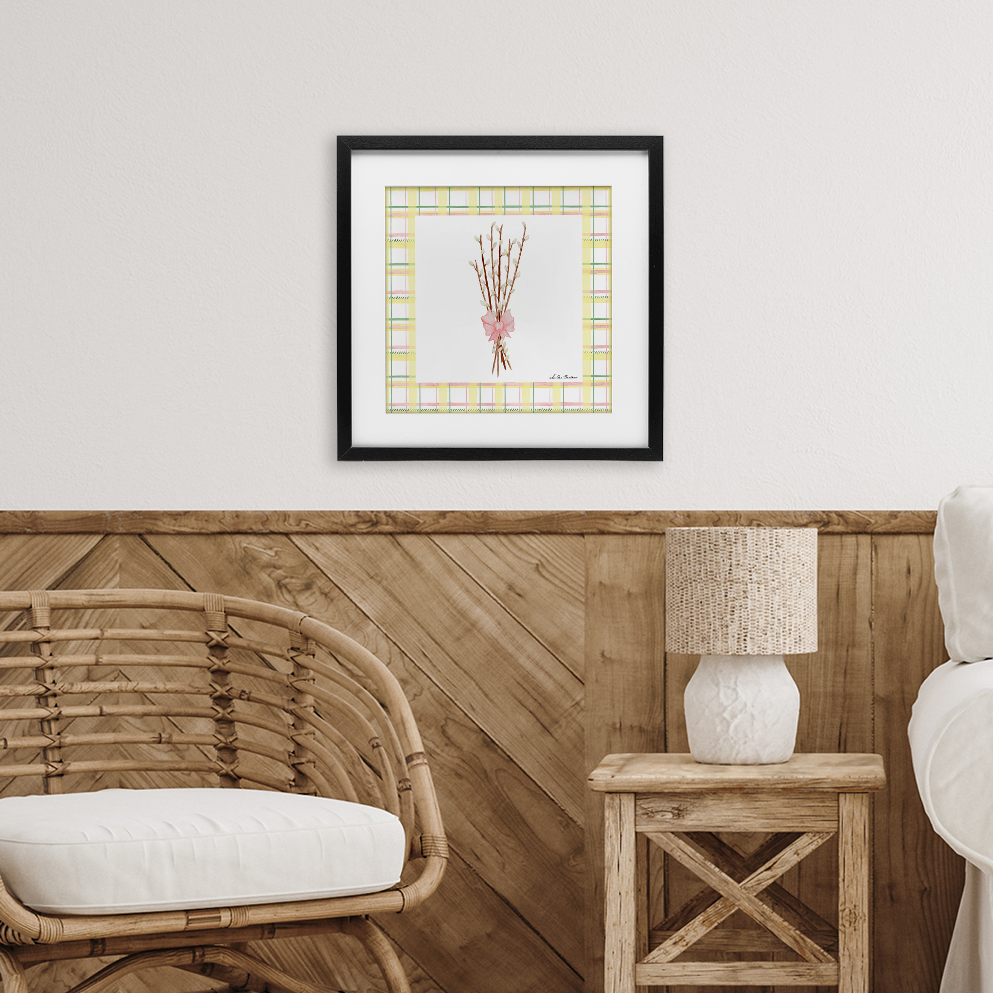 Pastel Spring Pussy Willow Black Framed Print Under Glass, design by Lee Ann Sanders