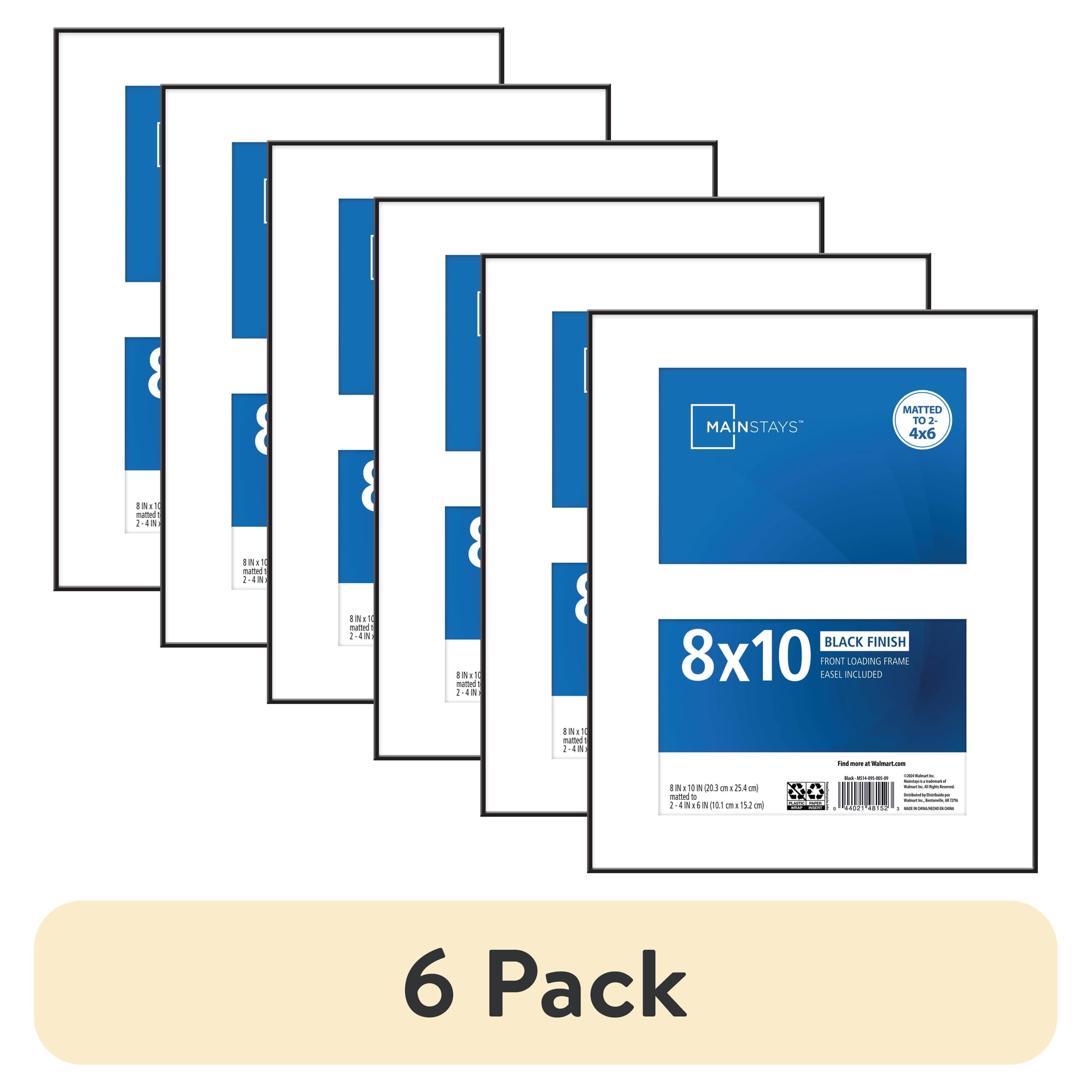 (6 pack) Mainstays Format 8 x 10 Front-Loading Picture Frame, Black, Holds Two 4 x 6 Photos or One 8 x 10