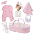 thumbnail image 1 of Adora Adoption Babies Essentials, 8-Piece Adoption Baby Doll Accessories and Bunny Toy includes Pink Bassinet, Ruffled Onesie, Headband, Blanket, and Bottle Birthday Gift For Ages 3+ - It's A Girl, 1 of 5