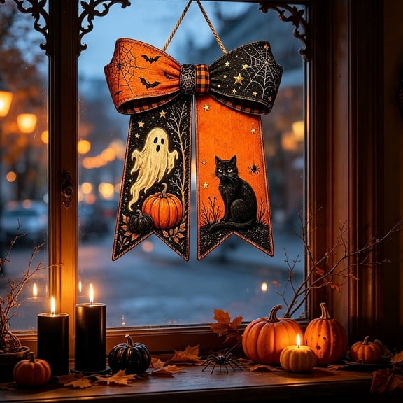Kumdkdwn Bow Shaped Wooden Halloween Hanging Decor with Ghost Pumpkin & Stay Spooky Lettering 11.81x11.81in Wall Door Ornament for Party 1Pc