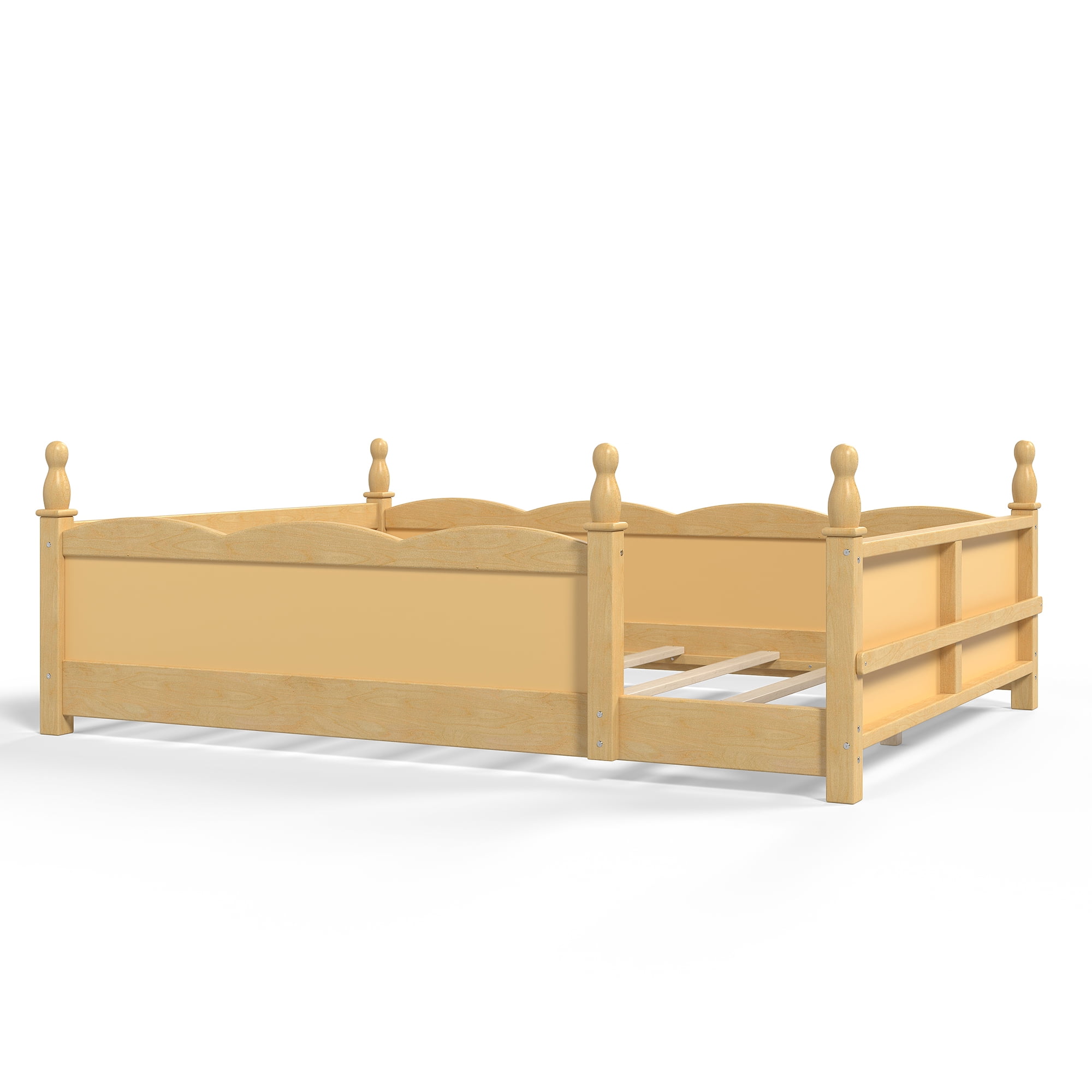 Montessori Full Floor Bed with Full-Length Guardrails and Bookshelf, Low Profile Kids Bed with Childlike Design, Natural