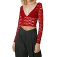 thumbnail image 1 of NINGMENG Womens Tops Solid Color Lace V Neck Long Sleeve See Through Mesh Floral Slim Fit Layering Tops Pullover T Shirts Outwear,Red,M, 1 of 5