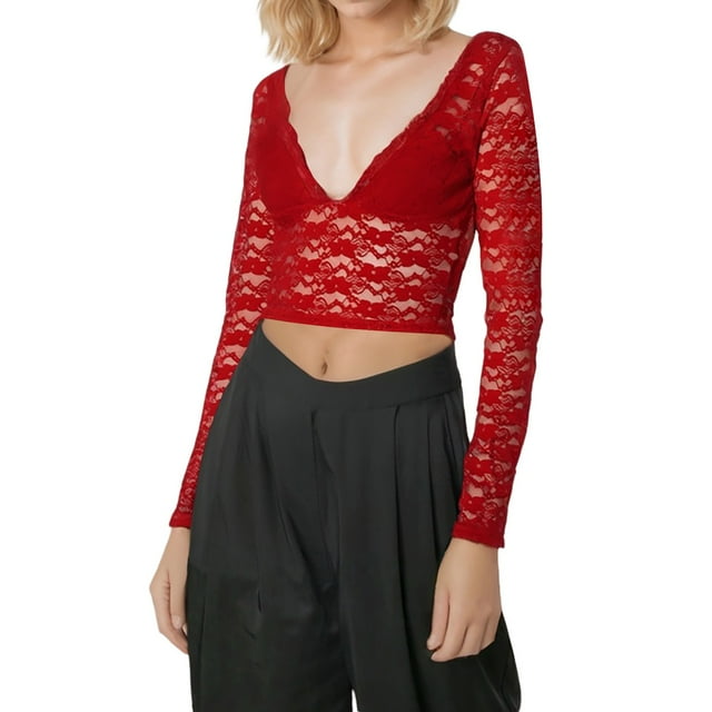 NINGMENG Womens Tops Solid Color Lace V Neck Long Sleeve See Through Mesh Floral Slim Fit Layering Tops Pullover T Shirts Outwear,Red,M