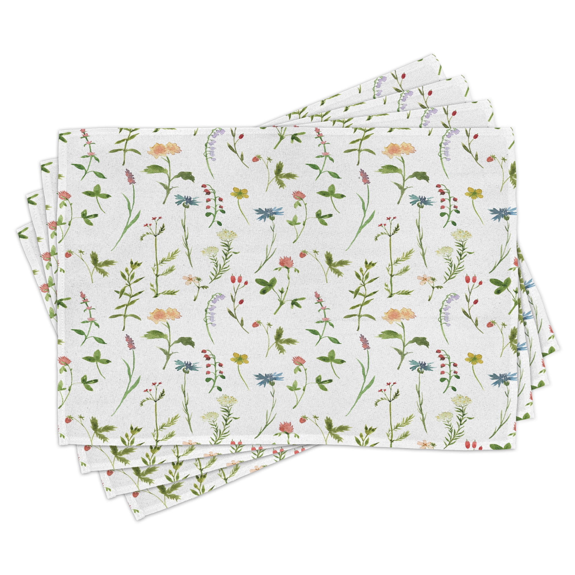 Floral Place Mats Set of 4, Spring Season Themed Watercolors Painting of Herbs Flowers Botany