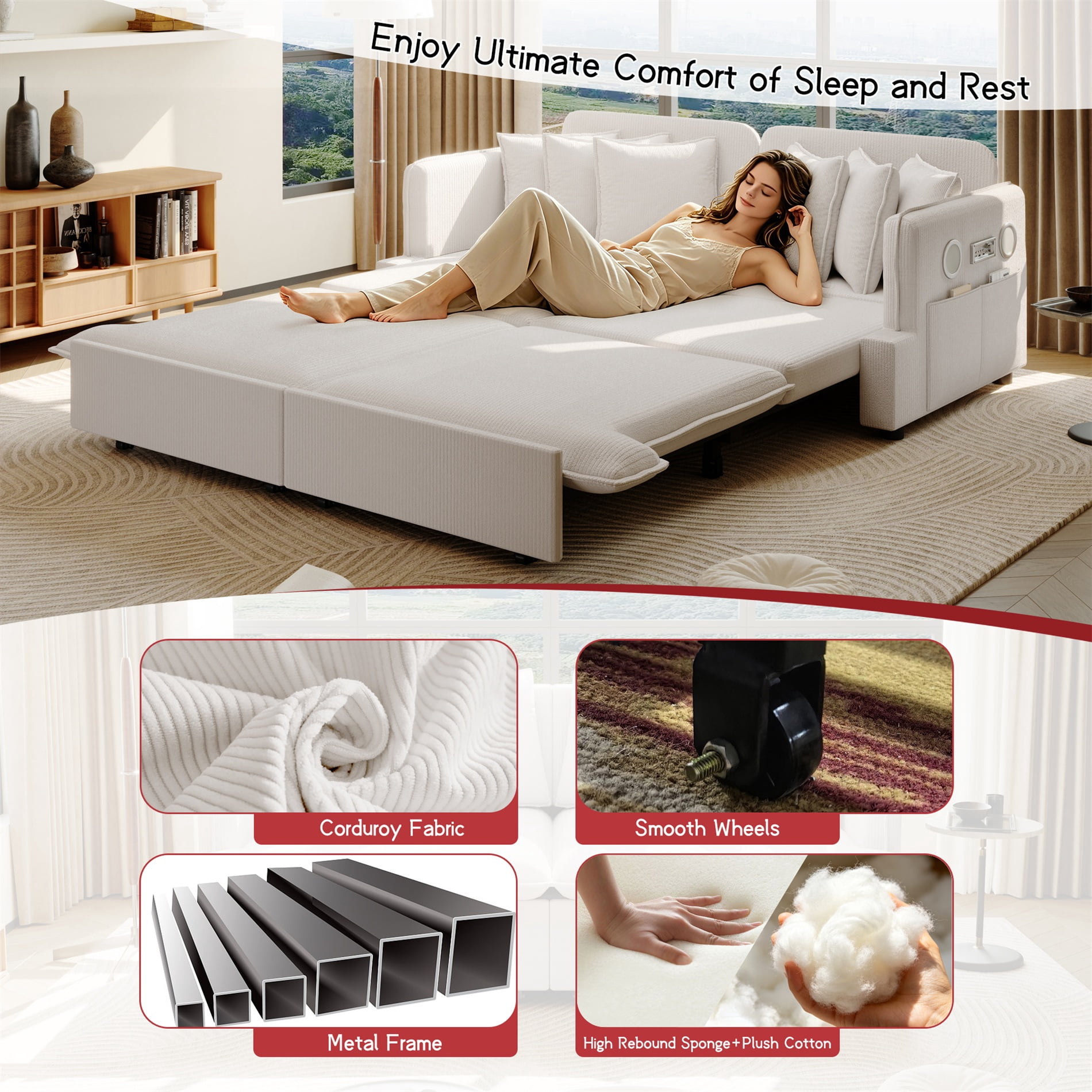 Alvantor 3 in 1 Convertible Sleeper Sofa Bed, 68" W Pull Out Sofa Bed with Bluetooth Speakers, USB Ports for living room, Apartment, Beige