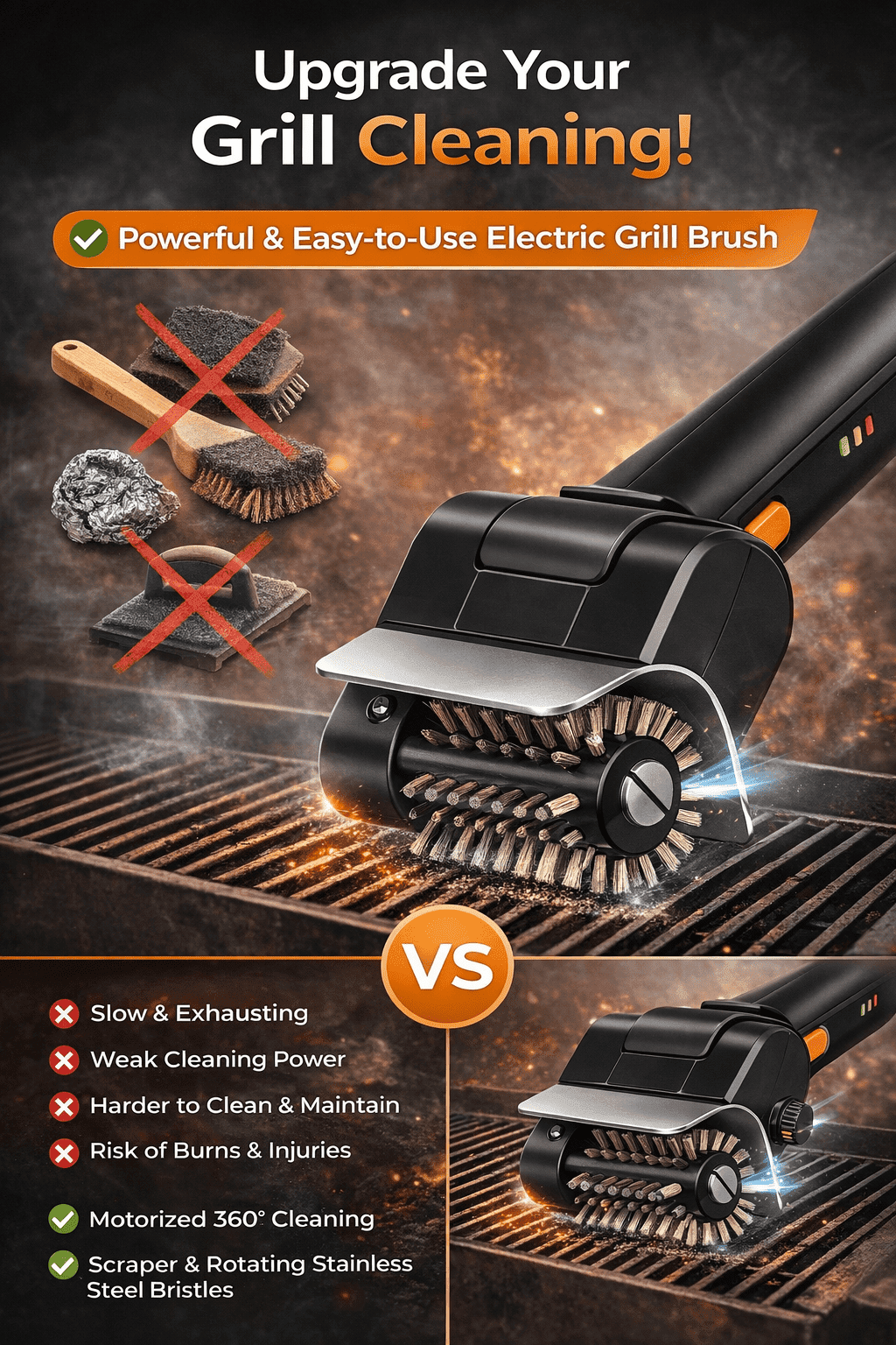 Electric Grill Brush, Cordless BBQ Grill Cleaner for Outdoor Grill, Rechargeable Grill Scrubber with Removable Head for Gas Charcoal Smoker