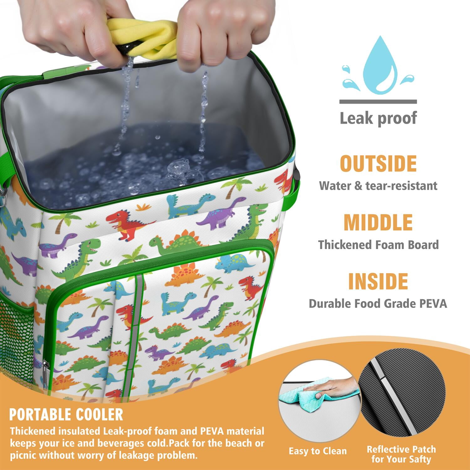 Travel Cooler Bag - White Dinosaurs Colorful Species Palms Pattern Camping Beer Cooler Backpack with Bottle Opener- Waterproof Insulated Picnic Backpacks - Cooler Bag for Beach