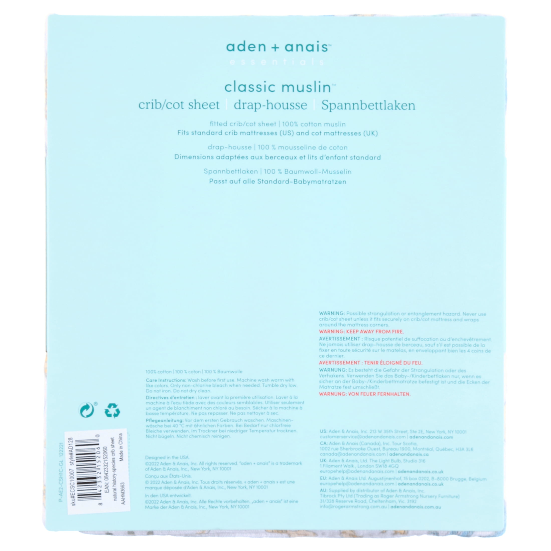 aden + anais essentials, crib sheet, natural history-species