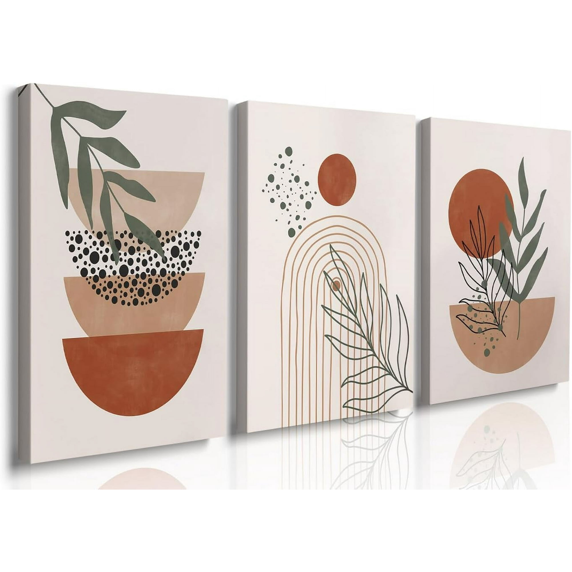 Terracotta Framed Boho Wall Art Set of 3 Mid Century Modern Abstract Wall Decor Minimalist Leaf Art Neutral Geometric Wall Decor Canvas Prints Ready To Hang for Living Room Wall Decor 12 x16
